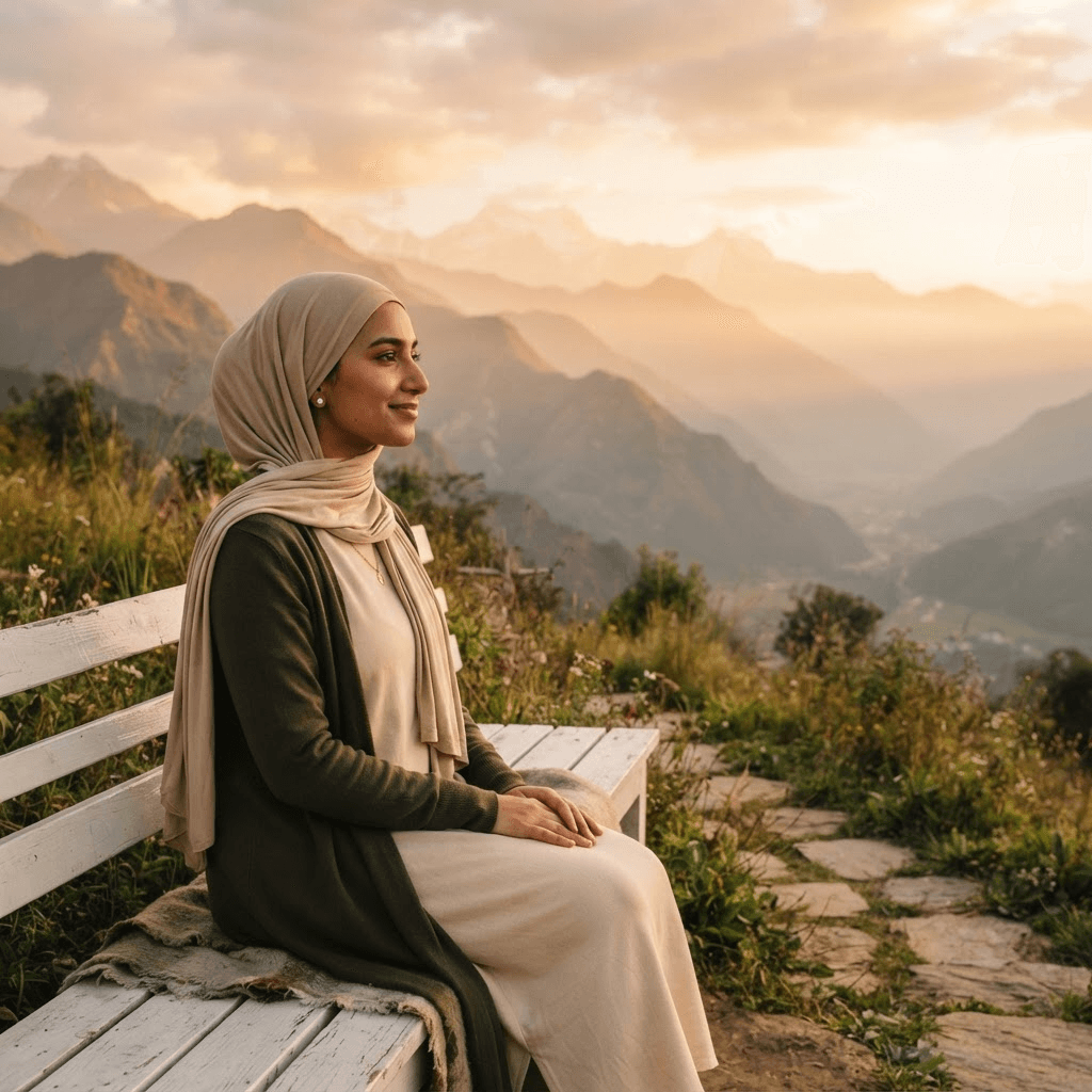 Amina: A serene woman in hijab sitting peacefully overlooking misty mountains at golden hour, embodying faith and contemplation