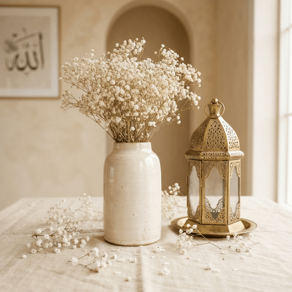 A beautiful arrangement of white dried flowers in a cream vase, golden Islamic lantern, and white flowers on a soft beige surface